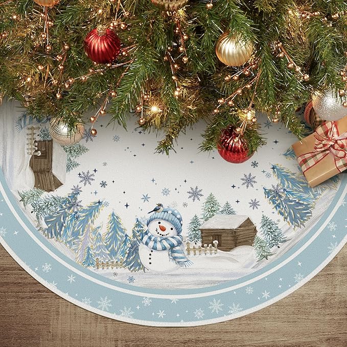 AVOIN colorlife Snowflake Snowman Cardinal Christmas Tree Skirt 48 Inch, Winter Holiday Tree Mat Decoration