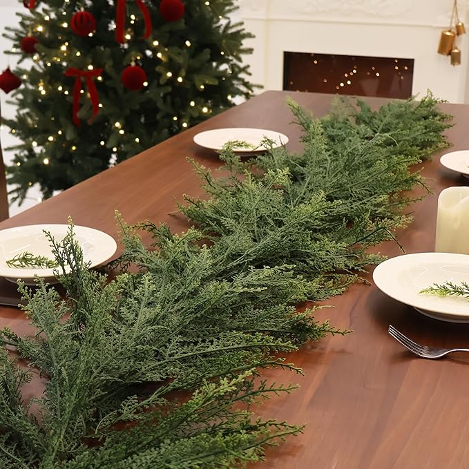 9FT Christmas Cedar Garland Full Real Touch Artificial Green Faux Cypress Realistic Pine Garland for Mantle Fireplace Table Home Decoraiton