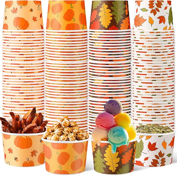 100 Pcs 9oz Fall Paper Bowls Treat Snack Cups Autumn Ice Cream Dessert Bowl Thanksgiving Pumpkin Maple Leaf Treat Snack Cup for Hot or Cold Food Thanksgiving Party Favor Supplies
