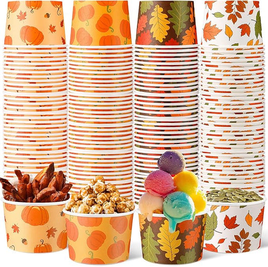 100 Pcs 9oz Fall Paper Bowls Treat Snack Cups Autumn Ice Cream Dessert Bowl Thanksgiving Pumpkin Maple Leaf Treat Snack Cup for Hot or Cold Food Thanksgiving Party Favor Supplies