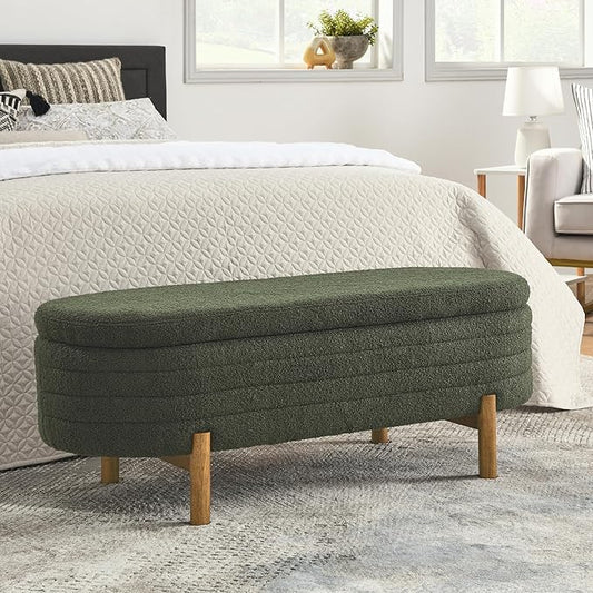 Furniliving 46” Storage Benches, End of Bed Bench with Button-Tufted Large Upholstered Storage Ottoman Teddy Window Bench with Storage Shoe Cabinet Bench, for Bedroom, Entryway, Closet, Green