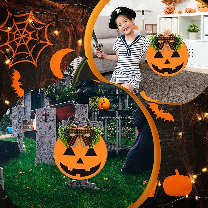 Halloween Wreaths for Front Door Ghost Door Hanger Wooden Hanging Sign 11.8 x 11.8 Inch Pumpkin Welcome Wreath Sign for Wall Porch Outside Farmhouse Home Indoor