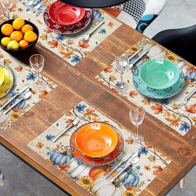 Fall Pumpkin Maple Leaf Placemats Set of 4 Vintage Rustic Autumn Thanksgiving Harvest Place Mats 12x18 Inch Seasonal Washable Table Mats for Party Kitchen Dining Decoration