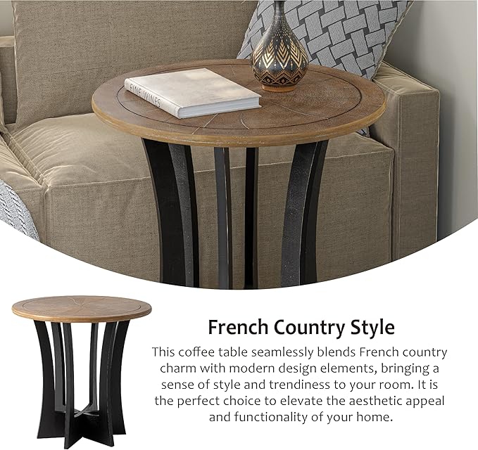 Farmhouse Round End Table with Criss-Cross Wood Legs, Rustic French Country Side Table for Dinning or Living Room, Modern, Black, Natural Wood, 23.62’’W*23.62’’D*23.22’’H