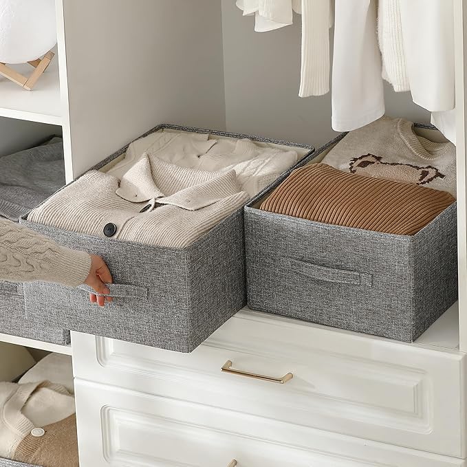 Linen Folding Storage Bins, 3 Pack Large Storage Baskets, Washable, Clothing Storage Bins with Handle, Closet Organizer for Storage Sweater,Sheets(dark grey, 18½"x13½"x8½")