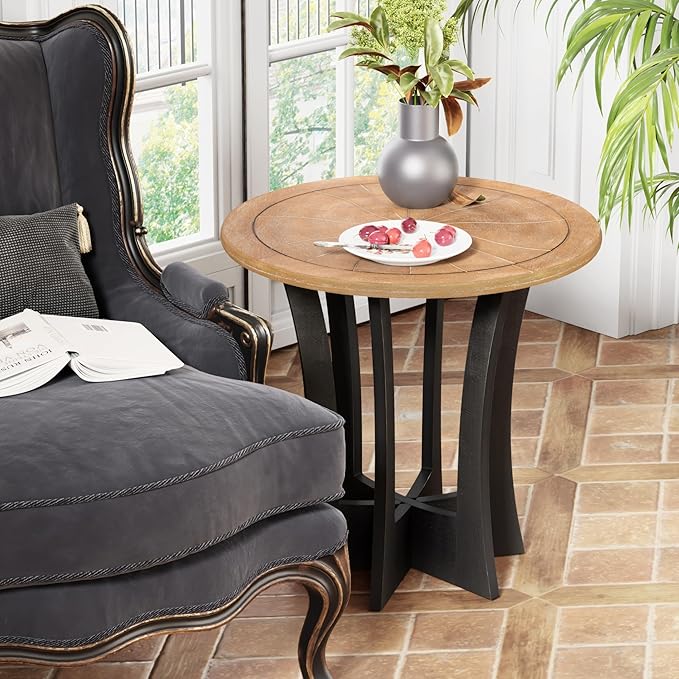 Farmhouse Round End Table X 2P with Criss-Cross Wood Legs, Rustic French Country Side Table for Dinning or Living Room, Modern, Black, Natural Wood, 23.62’’W*23.62’’D*23.22’’H