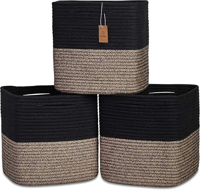 NaturalCozy 13 Inch Cube Storage Bins Cotton Rope Woven Baskets for Organizing 3-Pack | 13 x 13 Storage Cubes | Fabric Square Storage Baskets for Shelves Organizer, Kids Toy Bins, Closet Baby Nursery