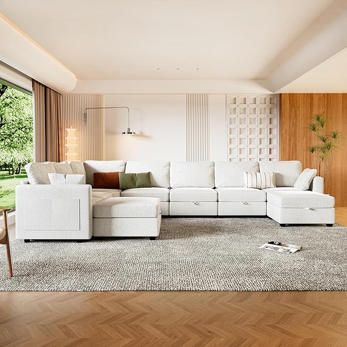 mestyl Modular Sectional Sofa Convertible Sofa Couch Set with Storage for Living Room, Modern 7 Seater Modular Sectional Couch with 2 Movable Ottoman (Beige)