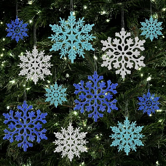 36pcs Blue Silver Christmas Snowflake Ornaments, Plastic Glitter Hanging Snow Flakes for Christmas Tree Decorations Winter Wonderland Frozen Birthday Party Home Decor Craft Snowflakes