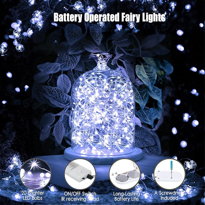 6 Pack Fairy Lights Battery Operated Mini String Lights with Timer 2PCS Remote 6.5ft 20LED Cool White Firefly Lights Waterproof Silver Wire Twinkle Lights DIY Mason Jar Wedding Party Christmas Decor