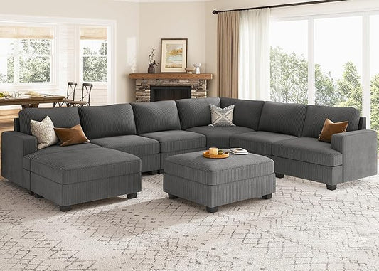 Nolany U Shape Oversized Corduroy Modular Sectional Sofa with Storage Ottoman, Dark Grey