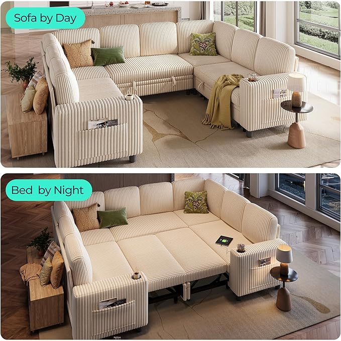 LINSY HOME Sectional Sleeper Sofa with Pull Out Couch Bed - Convertible Plush Corduroy Cloud Couch with Storage Chaise & USB Charging, Comfy Modular Couches for Living Room, Beige