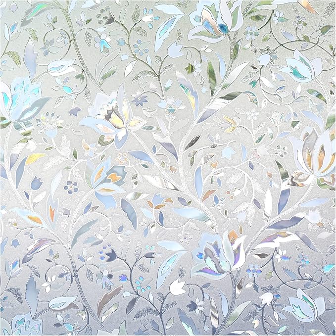 DOWELL Window Privacy Film, 3D Stained Glass Rainbow Films, Decorative Window Vinyl Sun Blocker Door Covering, Static Cling Non-Adhesive Glass Sticker for Home, Blooming Flowers, 35.4"x78.5"