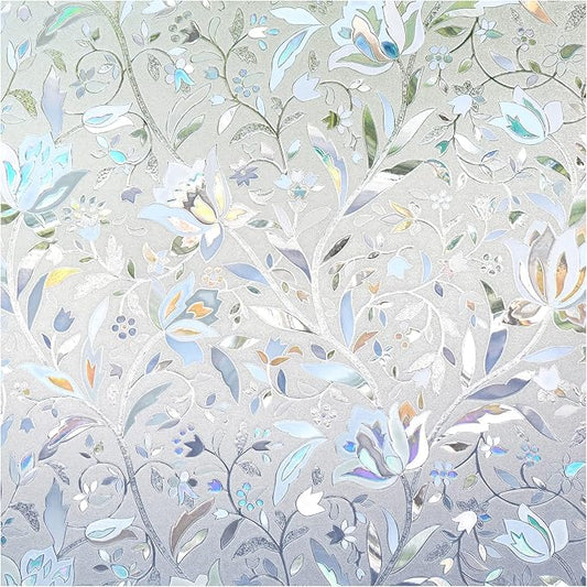 DOWELL Window Privacy Film, 3D Stained Glass Rainbow Films, Decorative Window Vinyl Sun Blocker Door Covering, Static Cling Non-Adhesive Glass Sticker for Home, Blooming Flowers, 35.4"x78.5"
