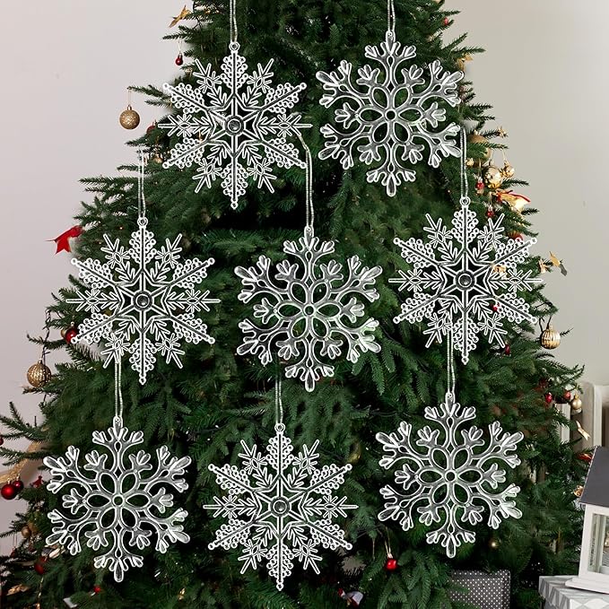 6pcs Large Clear Snowflakes Ornaments 12" Big Plastic Glitter Snowflake for Winter Indoor Outdoor Christmas Tree Window Room Decorations Giant Craft Snowflakes