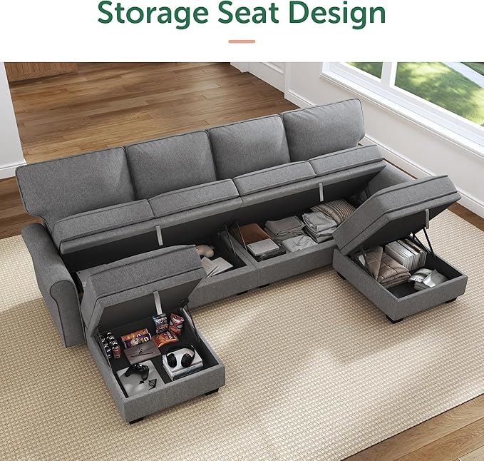 HONBAY Convertible Sectional Sofa with Storage U Shaped Sectional Couch with Reversible Chaise Small Sectional Couches for Living Room,Grey