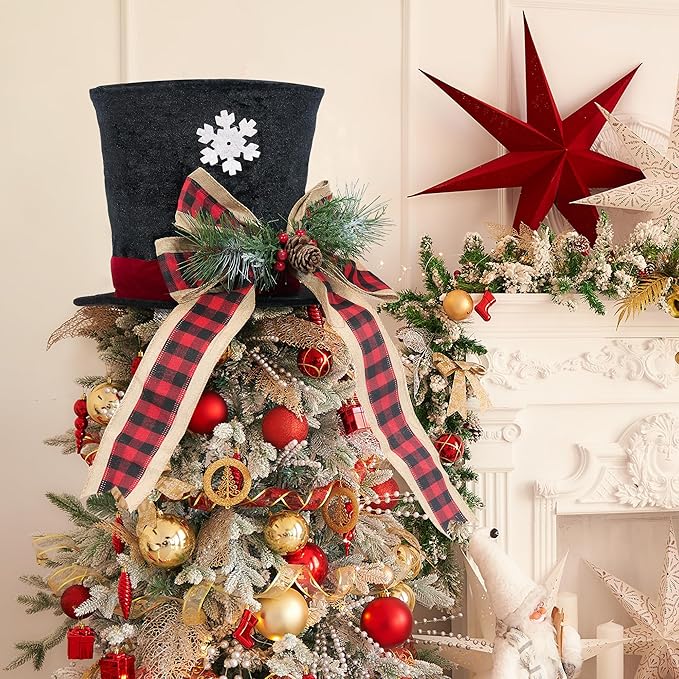 GENMOUS Christmas Hat Tree Topper, Buffalo Plaid Snowflake Christmas Tree Topper Bows with Light, Xmas Tree Top Ornament Home Decorations Ideal Gifts