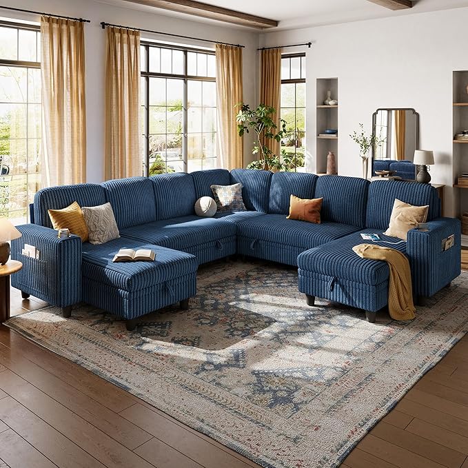 LINSY HOME Sectional Sleeper Sofa with Pull Out Couch Bed - Convertible Plush Corduroy Cloud Couch with Storage Chaise & USB Charging, Comfy Modular Couches for Living Room, Blue