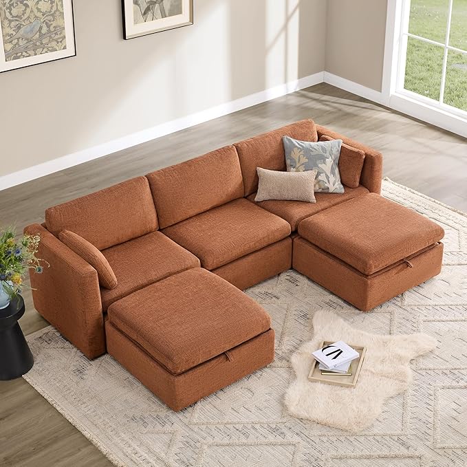 CHITA Oversized Modular Cloud Sectional Fabric Sofa Set, FSC Certified U Shaped Couch Reversible Chaise Modular Sectional,112 inch Width,5 Seat Modular Sofa Includes 2 Storage Ottomans, Terracotta