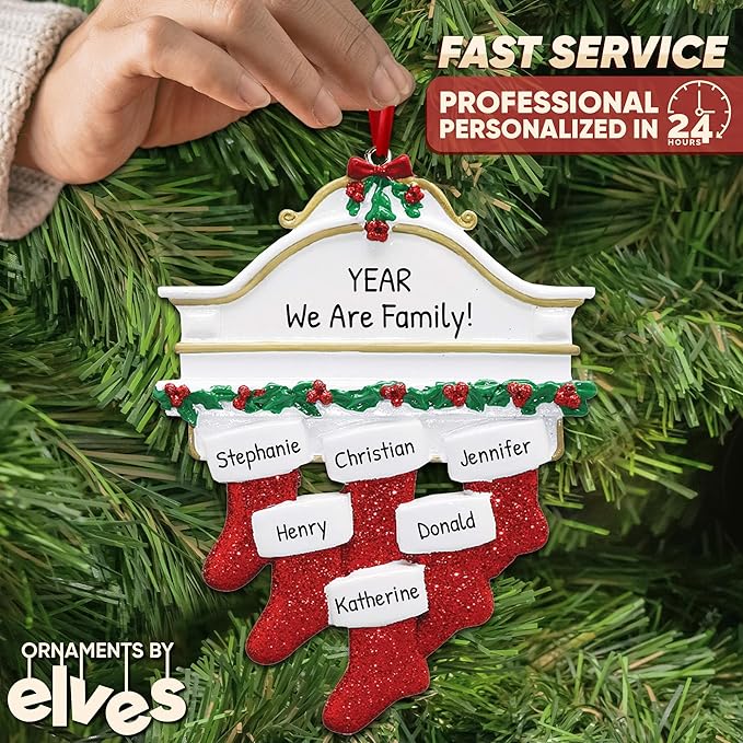 3D White Mantle Family of 6 Christmas Ornament 2025 Personalized Family Christmas Ornaments 2025 | Garland Fireplace Personalized Tree Ornaments Customizable Gifts Red Stockings of Six Ornament
