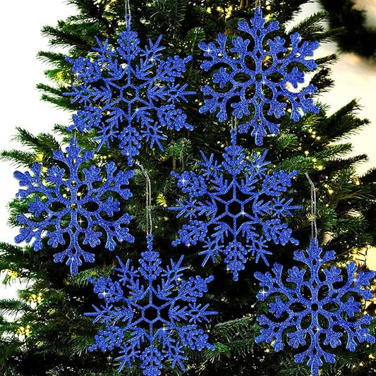 6pcs Large Navy Blue Snowflakes Ornaments 12" Big Plastic Glitter Snowflake for Winter Indoor Outdoor Christmas Tree Window Room Decorations Giant Craft Snowflakes