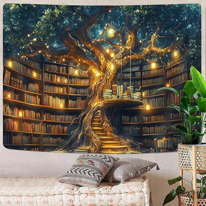 Fantasy Library Tapestry, Fairytale Tree Magic Bookshelf Aesthetic Tapestries for Classroom, Witchy Fairy Tree Mysterious Vintage Bookshelf Book Art Tapestry Wall Hanging College Room Bedroom, 40"X30"