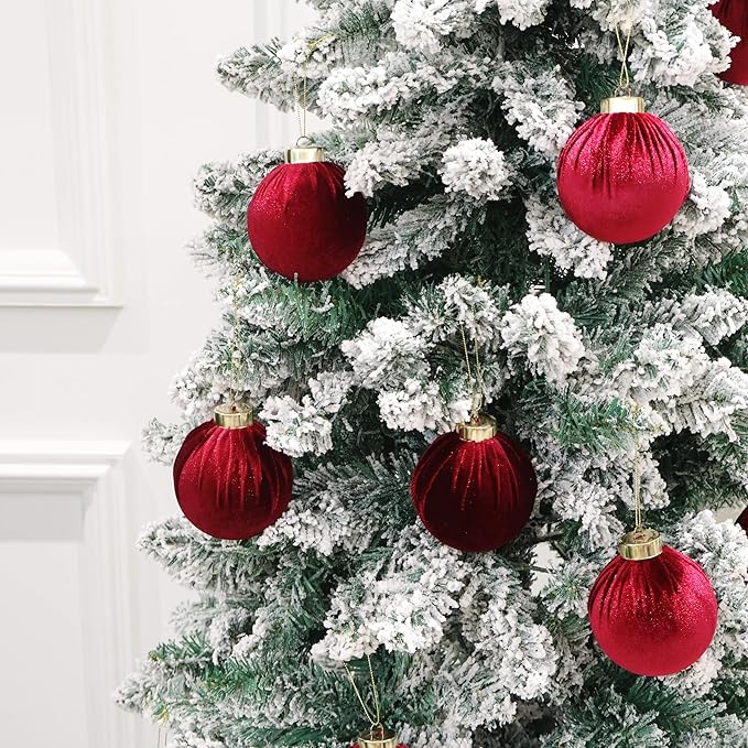 6inch Big Burgundy Velvet Christmas Ornaments, 2pcs Flocked Ornaments Balls Sets for Christmas Tree Decorations