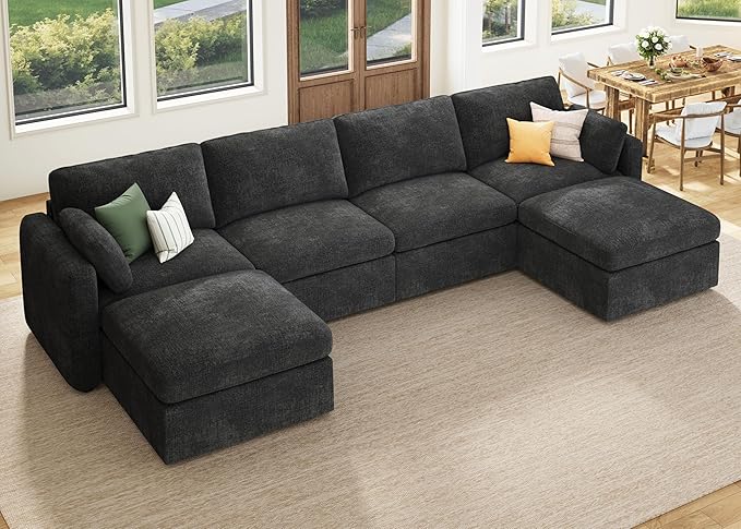 HONBAY Sectional Couch with Storage Seats, Modular Sofa with Storage Ottoman, U Shaped Sectional Couches for Living Room, Grey