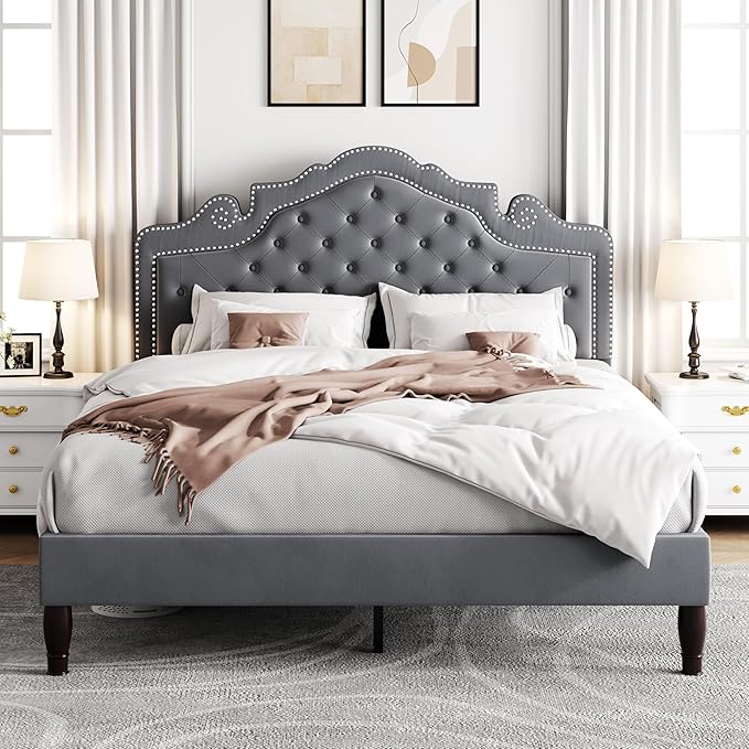 Allewie Queen Size Bed Frame with Adjustable Velvet Tiara Headboard, Upholstered Diamond Button Tufted Platform Bed, Wood Slats Support, No Box Spring Needed, Light Grey
