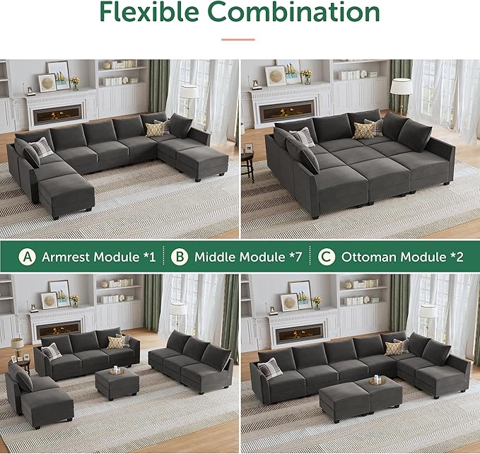HONBAY Velvet Sectional Sofa Couch with Storage - Modular Sleeper for Living Room, Grey