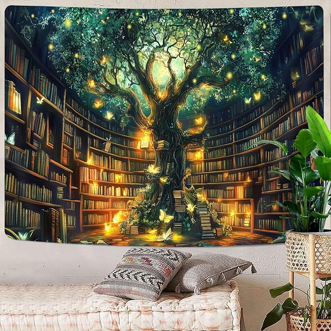 Fantasy Library Tapestry, Fairytale Tree Magic Bookshelf Aesthetic Tapestries for Classroom, Witchy Fairy Tree Mysterious Vintage Bookshelf Book Art Tapestry Wall Hanging College Room Bedroom, 60X40
