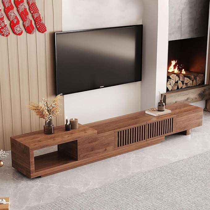 Mid Century Modern TV Stand for 75+ Inch TVs, Extendable Media Console (78"-103") with Ample Storage - Sleek Walnut Entertainment Center for Living Room