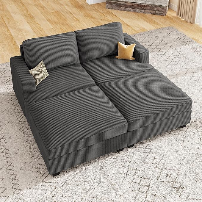 Nolany Corduroy Sectional Couch with Storage Ottoman, Sleeper Sectional Sofa, Modular Sectional Couches for Living Room, Dark Grey