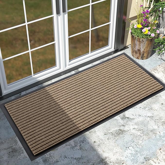 Yimobra Front Door Mat Outdoor Indoor Entrance, 100% Waterproof All-Season All Weather Doormat, Welcome Matt Outside Entry, Non Slip, Low Profile, Heavy Duty Patio Porch Floor Mats,47 x 24,Khaki