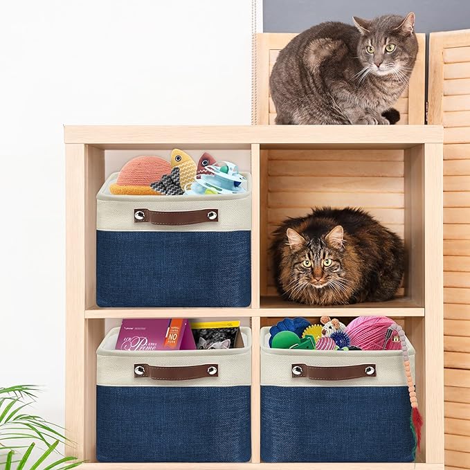 SIMPLE HOUSEWARE Large Fabric Storage Bin, 15" x 11" with Leather Like Handles, 3 Pack, Steel Blue