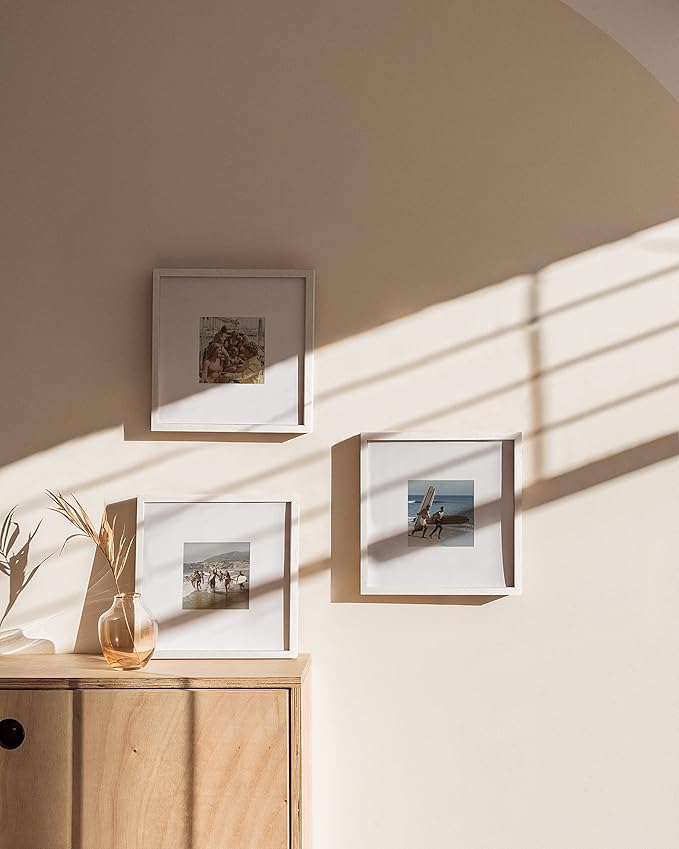 HAUS AND HUES Solid Oak Wood 10”x10” Picture Frames Matted to 5”x5” Set of 3-10x10 Square Picture Frames, 10 x 10 White Picture Frames, 10x10 Photo Gallery Wall Frame Set, Wooden Picture Frames