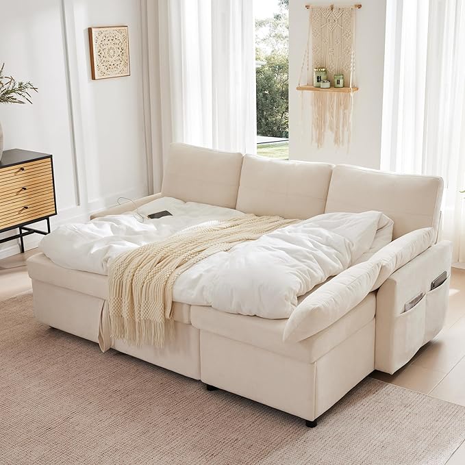 Waxberry Sectional Sofa Couch, Pull Out Couch Sleeper Sofa Bed with Storage for Living Room, Reversible Chaise, Side Pockets & Dual USB/Type-C Ports, Beige