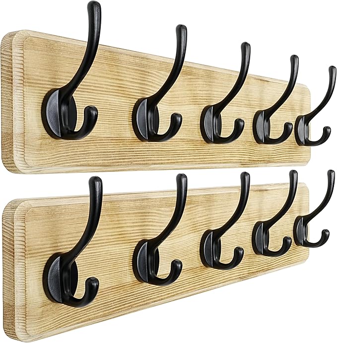 Dseap Coat Rack Wall: Patented, Heavy-Duty, 5-Double-Hooks Wooden Wall Mounted Coat Rack Coat Hanger Hook Rail for Winter Coats Hat Jacket Clothing, Light Brown, Pack of 2