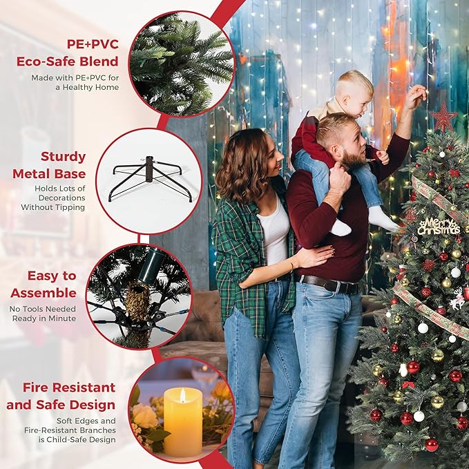 4.5ft Pre-lit Artificial Christmas Tree,Spruce Prelit Christmas Trees for Home,Office,Party Thickened PE&PVC Branch Tips & UL Listed Lights Incandescent Warm White,Fire-Resistant Automatic Branches