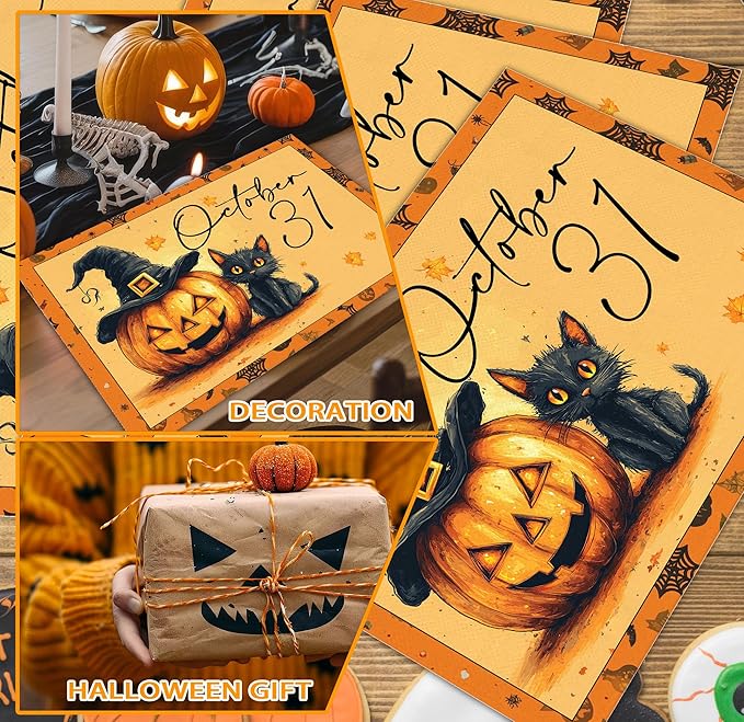Halloween Pumpkin Placemats Set of 4, 12x18 Inch Pumpkin and Black Cat Table Mat, Washable Heat Resistant Place Mats for Kitchen Dining Table, Spooky Themed Decoration for Home-B09