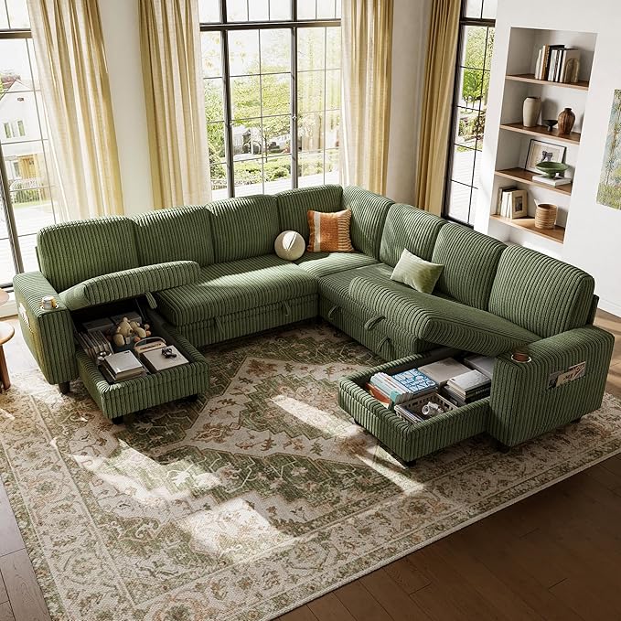 LINSY HOME Sectional Sleeper Sofa with Pull Out Couch Bed - Convertible Plush Corduroy Cloud Couch with Storage Chaise & USB Charging, Comfy Modular Couches for Living Room, Green