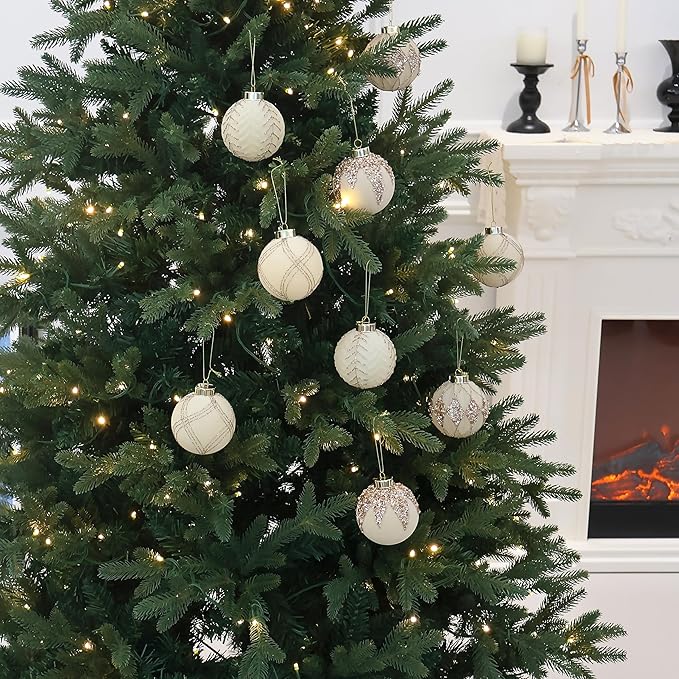 4inch Velvet Ornaments for Christmas Tree, 9PCS Glitter Flocked Christmas Ornaments Decorations Balls Set Decor Beige