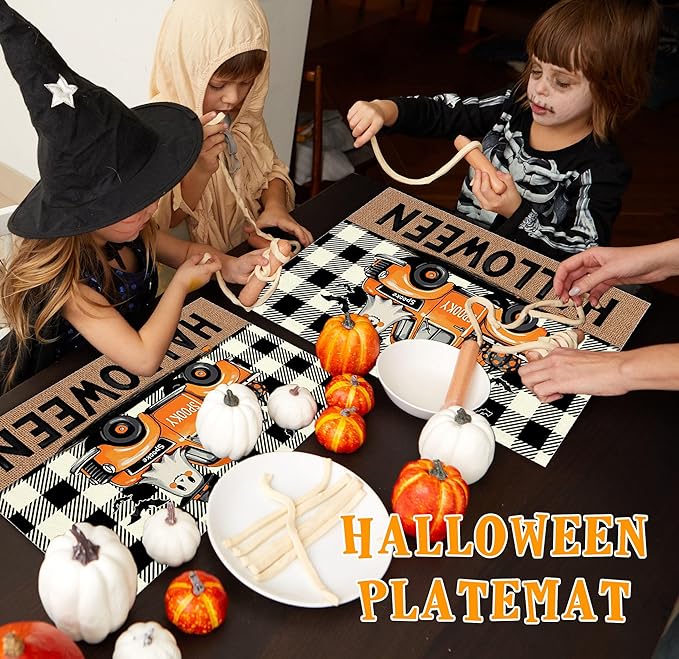 Halloween Pumpkin Placemats Set of 4, 12x18 Inch Plaid Truck Decorative Table Mats, Washable Heat Resistant Place Mats for Kitchen Dining Table, Spooky Themed Decoration for Home-B08
