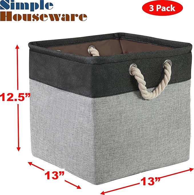 SIMPLE HOUSEWARE Fabric Storage Cubes, 13" x 13" Storage Bin, 3 Pack, Dark Gray
