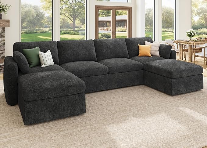 HONBAY Sectional Couch with Storage Seats, Modular Sofa with Storage Ottoman, U Shaped Sectional Couches for Living Room, Grey