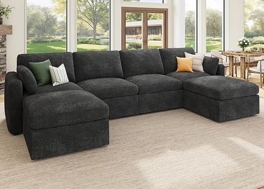 HONBAY Sectional Couch with Storage Seats, Modular Sofa with Storage Ottoman, U Shaped Sectional Couches for Living Room, Grey