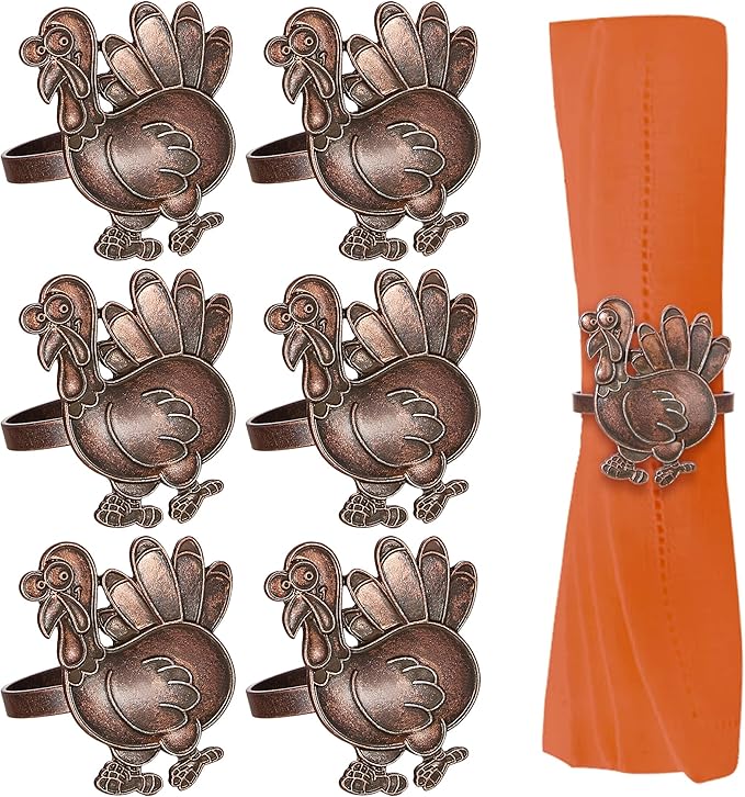 Halatool 6 PCS Thanksgiving Day Bronze Turkey Napkin Ring Funny Metal Festival Napkin Holders for Dinner Table Party Decoration
