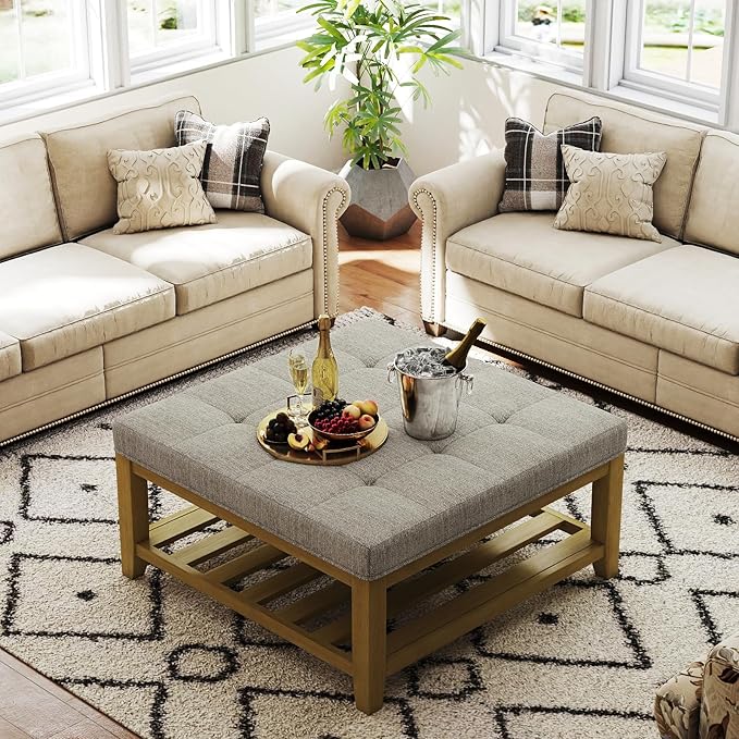 Large Square Ottoman Coffee Table, Linen Solid Upholstered Footrest Ottoman with Solid Wood Shelf Storage Tufted Coffee Table for Bedroom Living Room, Linen