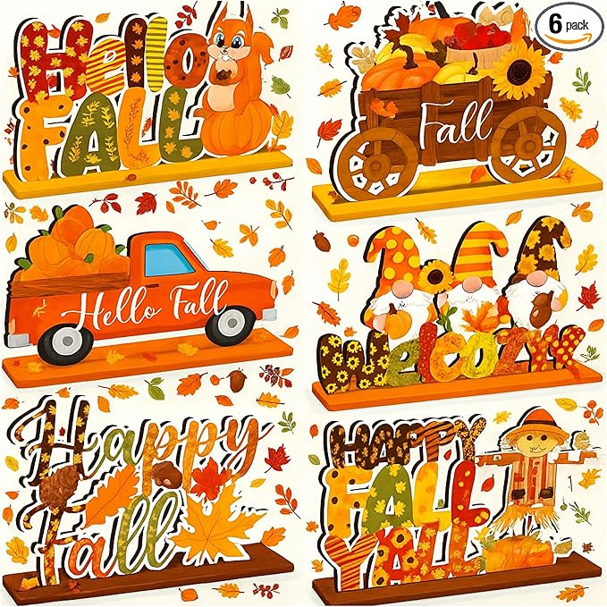 6 Pcs Fall Decorations for Home Fall Table Centerpiece Hello Autumn Wooden Table Sign Pumpkin Gnome Truck Gnome Wood Tabletop Decor Autumn Harvest Party Decorations for Home, 6 Styles