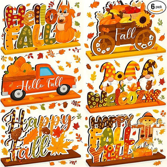 6 Pcs Fall Decorations for Home Fall Table Centerpiece Hello Autumn Wooden Table Sign Pumpkin Gnome Truck Gnome Wood Tabletop Decor Autumn Harvest Party Decorations for Home, 6 Styles